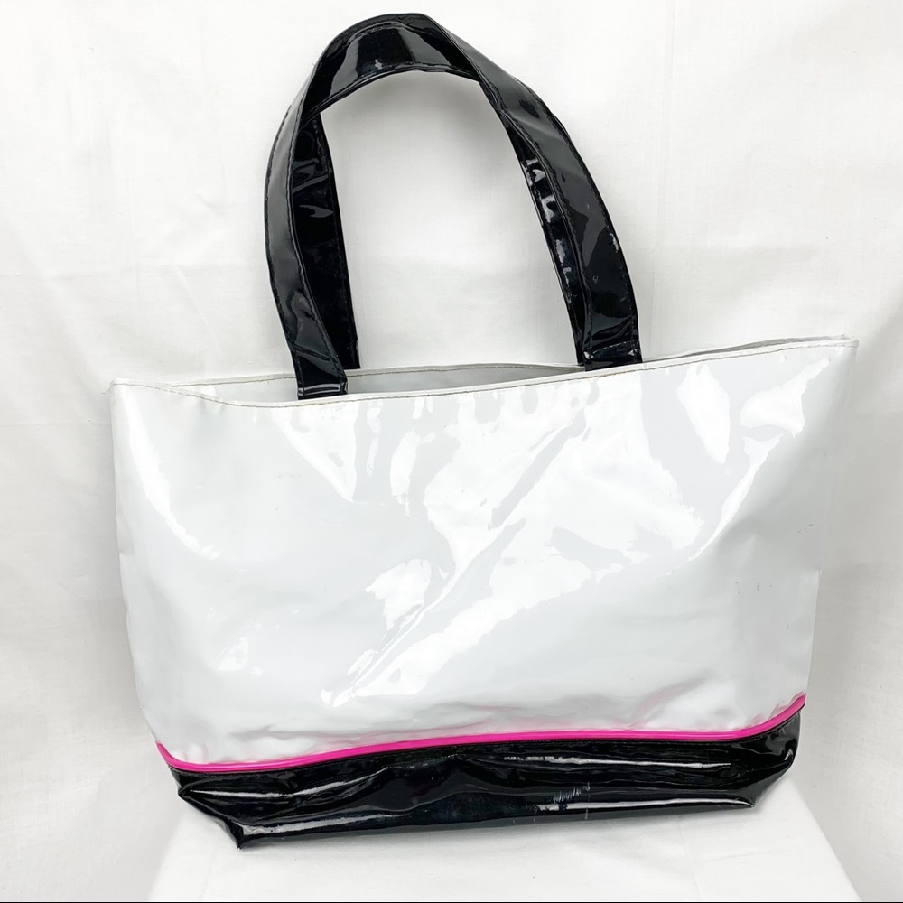 Retro 1960’s Style Vinyl Tote Bag Black White Pink Polka Dot Lining Monogram